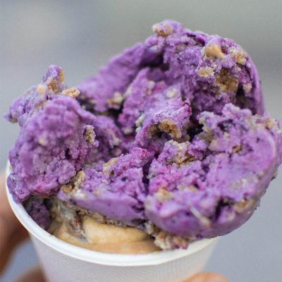 Blueberry cobbler and coffee woffee ice cream close up